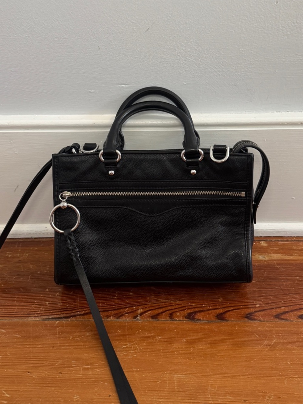Rebecca Minkoff Black Leather Bedford Satchel Micro Top Handle Silver City Bag
